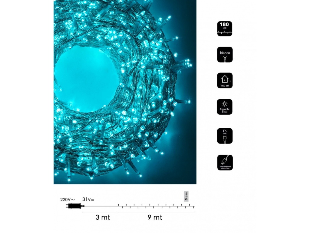 Catena di luci Natale 180 led cavo trasparente serie luminosa natalizie per  esterno interno albero feste