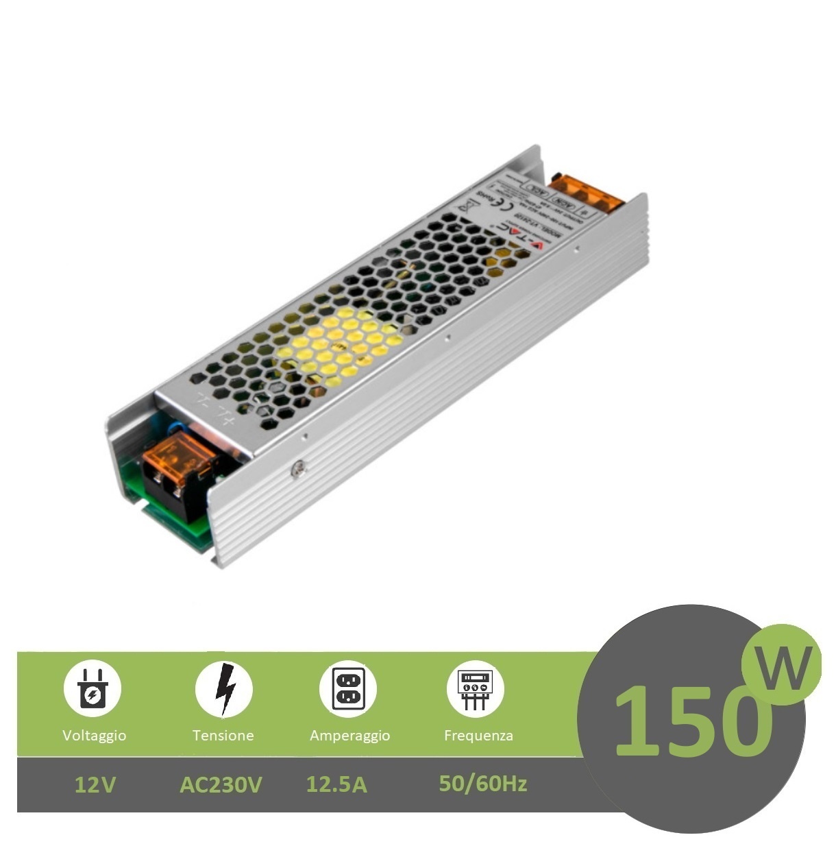 Trasformatore 12V 12.5A 150W alimentatore stabilizzato V-TAC per strip led