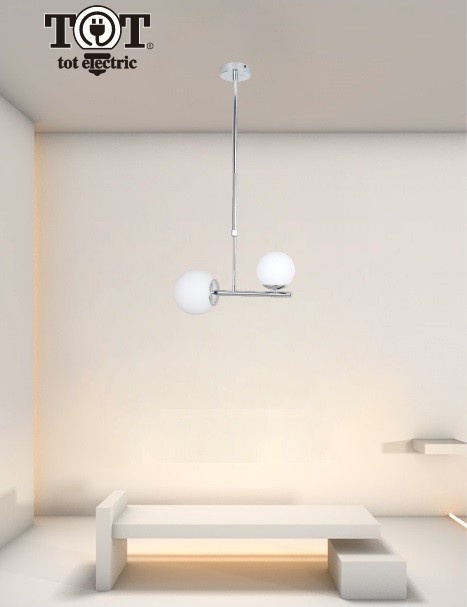 Lampadario a sospensione argento con 2 sfere bolle in vetro bianco attacco  G9 design moderno