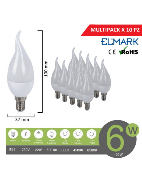 Promopack x 10 pz lampadina led candela e14 6w attacco piccolo Fiamma  tortiglione basso consumo fredda