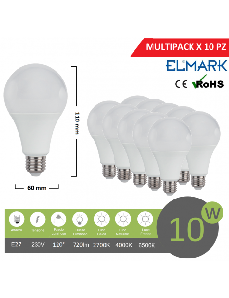 Promopack x 10 pz lampadina led globo A60 E27 10w attacco grande sfera  basso consumo luce