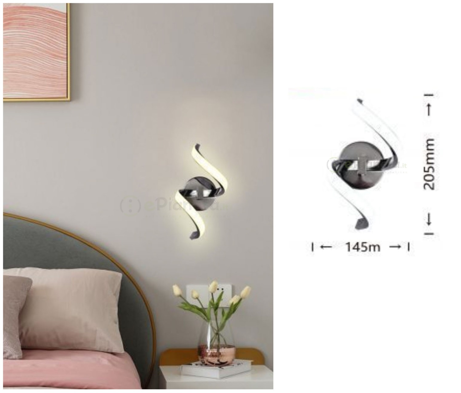 Applique a parete led 9w spirale verticale argento design moderno luce  bianco naturale per interno comodino camera