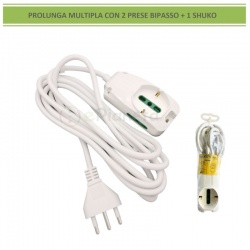 Multipresa prolunga elettrica con 2 prese bipasso + 1 shuko 16A 250V ciabatta bianco cavo 1.5 mt