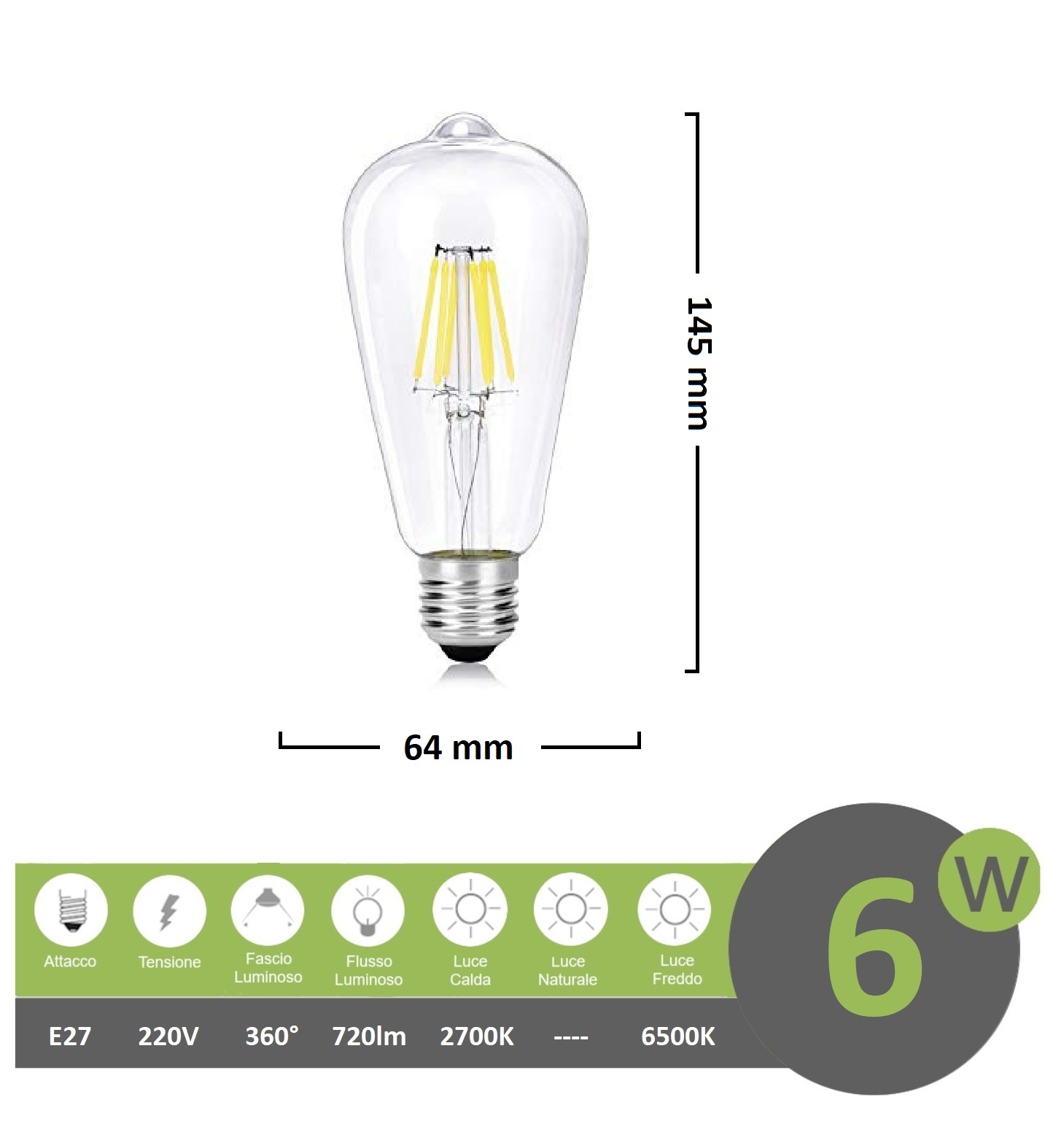 Lampadina led filamento vintage 6w attacco grande E27 trasparente luce calda  fredda bianca a basso consumo