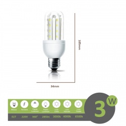 Lampadina led E27 3w 2U luce tubolare tubo attacco grande lineare bianca fredda naturale calda